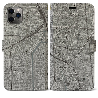 【東別院（愛知県）】地図柄iPhoneケース（手帳タイプ）モノトーン・iPhone 11 Pro Max 用