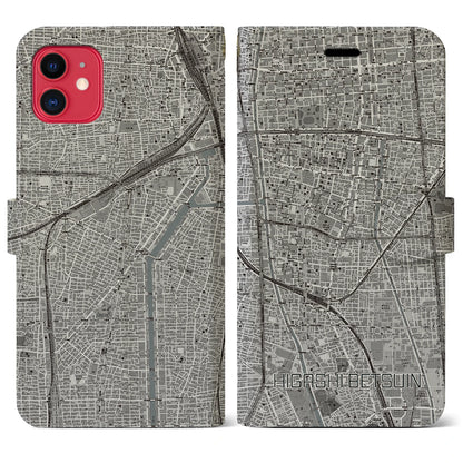 【東別院（愛知県）】地図柄iPhoneケース（手帳タイプ）モノトーン・iPhone 11 用