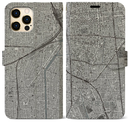 【東別院（愛知県）】地図柄iPhoneケース（手帳タイプ）モノトーン・iPhone 12 Pro Max 用