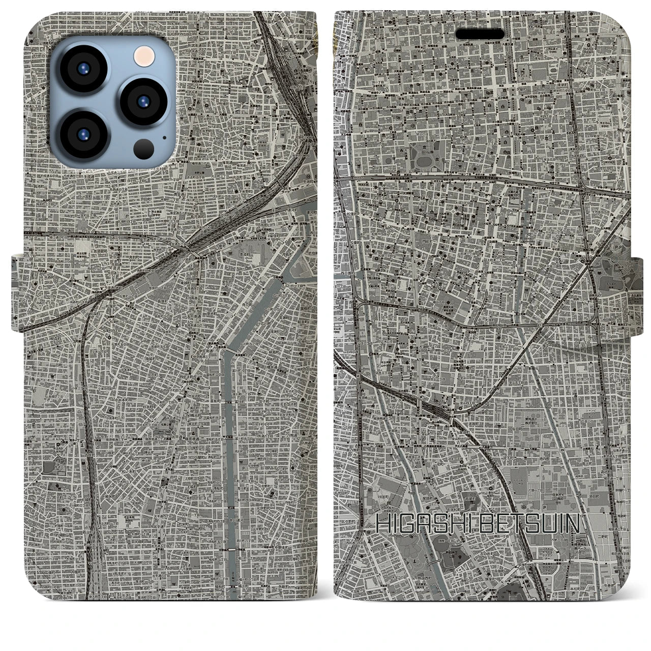 【東別院】地図柄iPhoneケース（手帳両面タイプ・モノトーン）iPhone 13 Pro Max 用