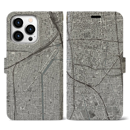 【東別院（愛知県）】地図柄iPhoneケース（手帳タイプ）モノトーン・iPhone 13 Pro 用