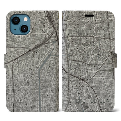 【東別院（愛知県）】地図柄iPhoneケース（手帳タイプ）モノトーン・iPhone 13 用