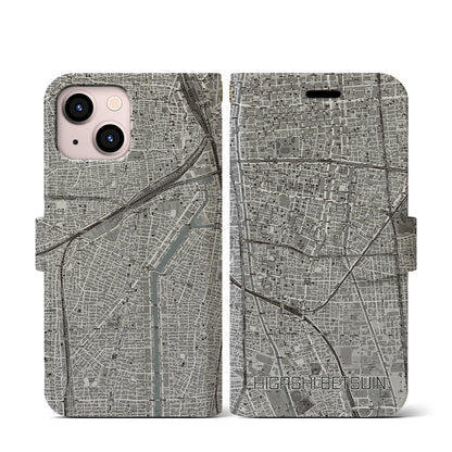 【東別院（愛知県）】地図柄iPhoneケース（手帳タイプ）モノトーン・iPhone 13 mini 用