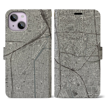 【東別院（愛知県）】地図柄iPhoneケース（手帳タイプ）モノトーン・iPhone 14 用