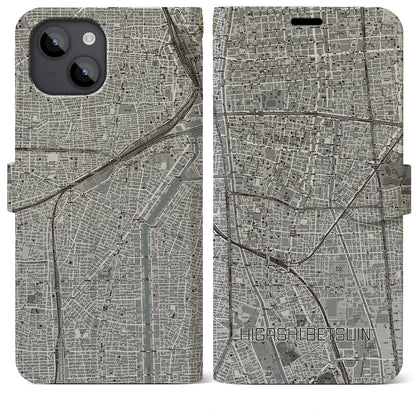 【東別院（愛知県）】地図柄iPhoneケース（手帳タイプ）モノトーン・iPhone 14 Plus 用