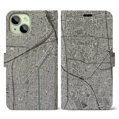 【東別院（愛知県）】地図柄iPhoneケース（手帳タイプ）モノトーン・iPhone 15 用