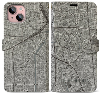 【東別院（愛知県）】地図柄iPhoneケース（手帳タイプ）モノトーン・iPhone 15 Plus 用