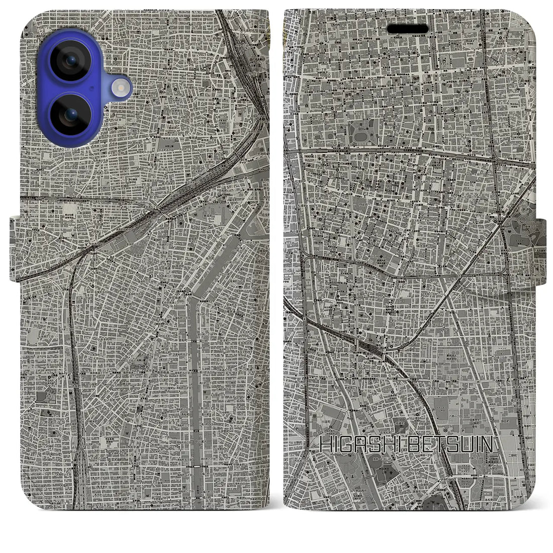 【東別院(愛知県)】地図柄iPhoneケース(手帳タイプ)モノトーン・iPhone 16 Pro Max 用