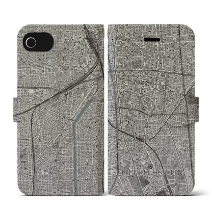 【東別院（愛知県）】地図柄iPhoneケース（手帳タイプ）モノトーン・iPhone SE（第3 / 第2世代） / 8 / 7 / 6s / 6 用