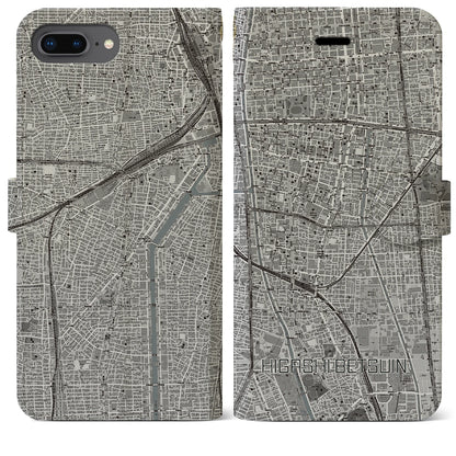 【東別院（愛知県）】地図柄iPhoneケース（手帳タイプ）モノトーン・iPhone 8Plus /7Plus / 6sPlus / 6Plus 用