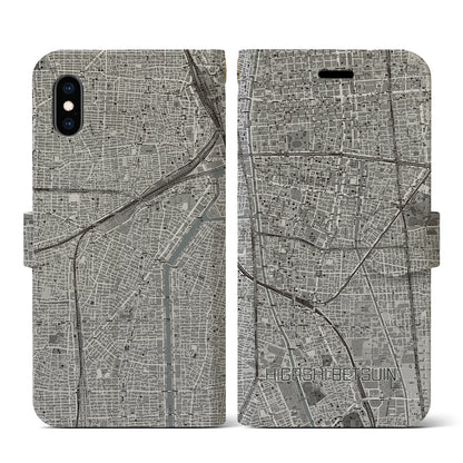 【東別院（愛知県）】地図柄iPhoneケース（手帳タイプ）モノトーン・iPhone XS / X 用