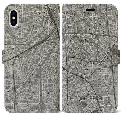 【東別院（愛知県）】地図柄iPhoneケース（手帳タイプ）モノトーン・iPhone XS Max 用