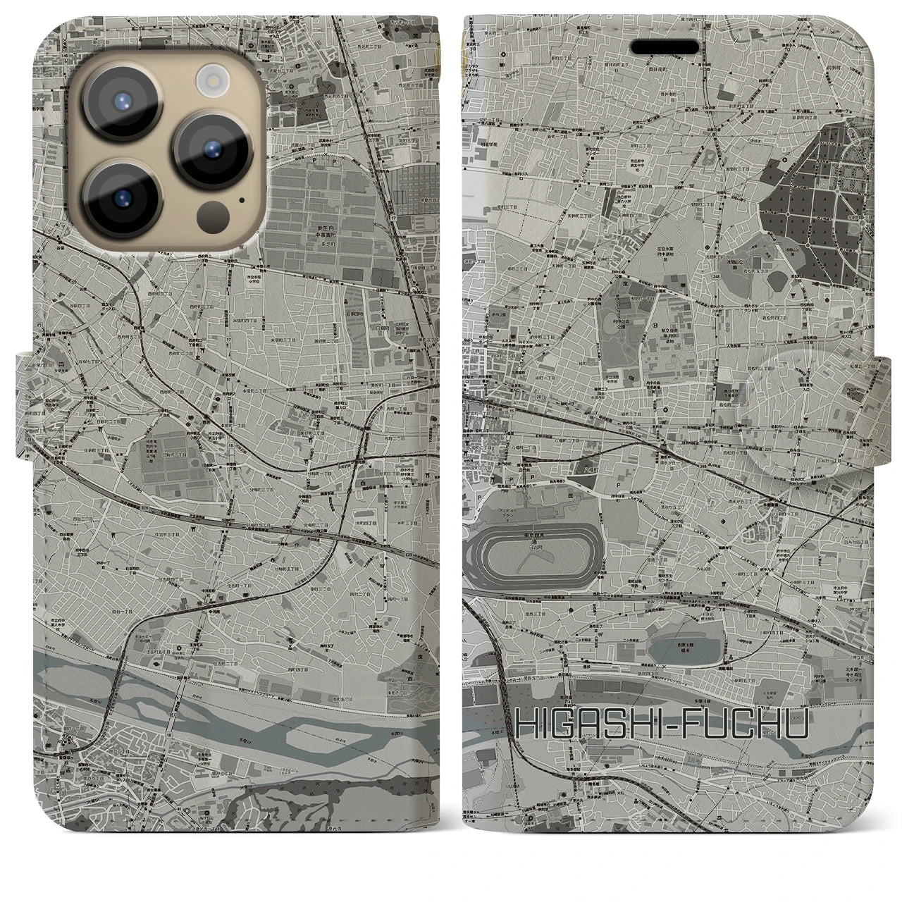 【東府中】地図柄iPhoneケース（手帳両面タイプ・モノトーン）iPhone 14 Pro Max 用