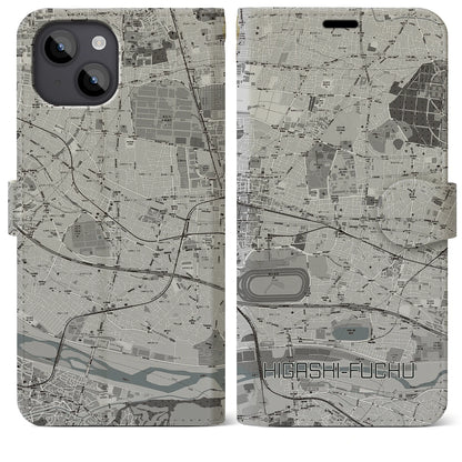 【東府中（東京都）】地図柄iPhoneケース（手帳タイプ）モノトーン・iPhone 14 Plus 用