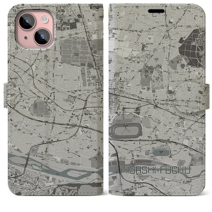 【東府中（東京都）】地図柄iPhoneケース（手帳タイプ）モノトーン・iPhone 15 Plus 用