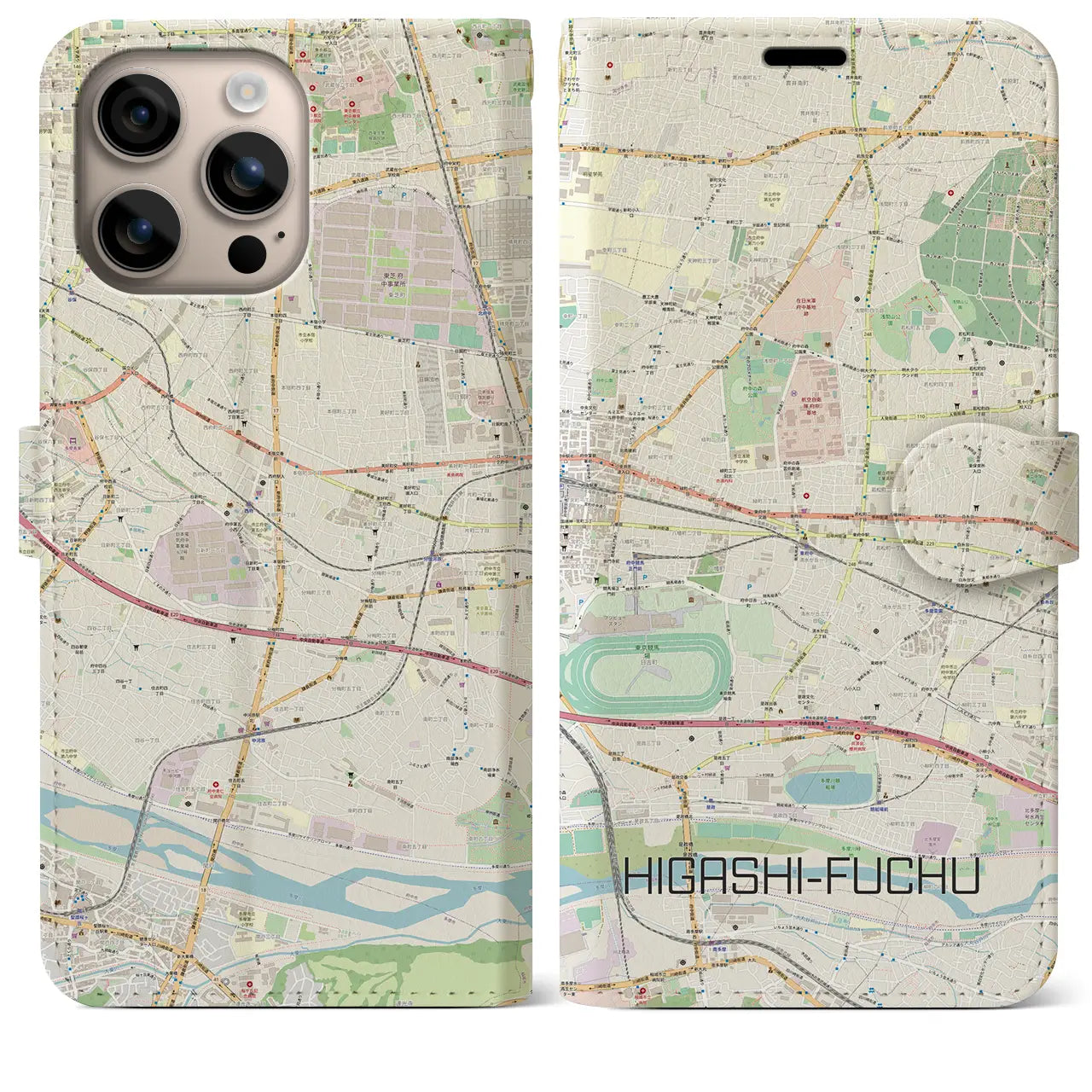 【東府中（東京都）】地図柄iPhoneケース（手帳タイプ）ナチュラル・iPhone 16 Plus 用