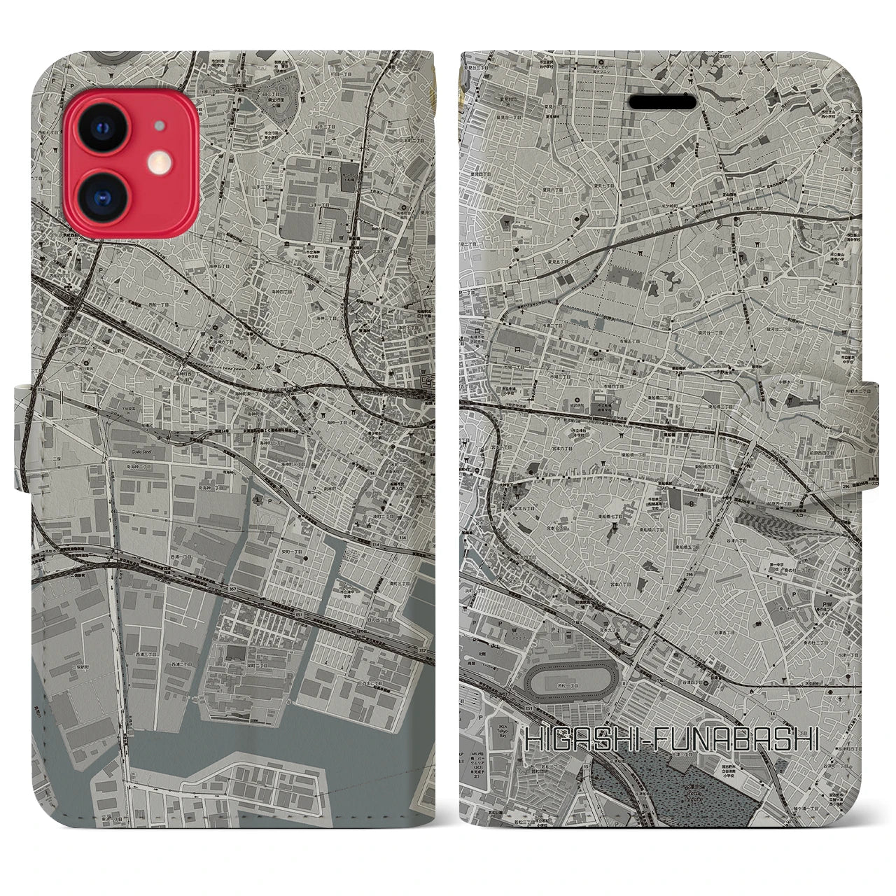【東船橋】地図柄iPhoneケース（手帳両面タイプ・モノトーン）iPhone 11 用