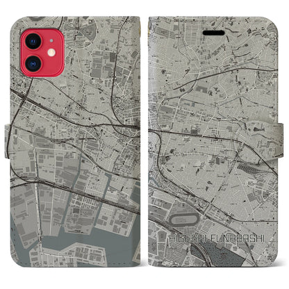 【東船橋（千葉県）】地図柄iPhoneケース（手帳タイプ）モノトーン・iPhone 11 用