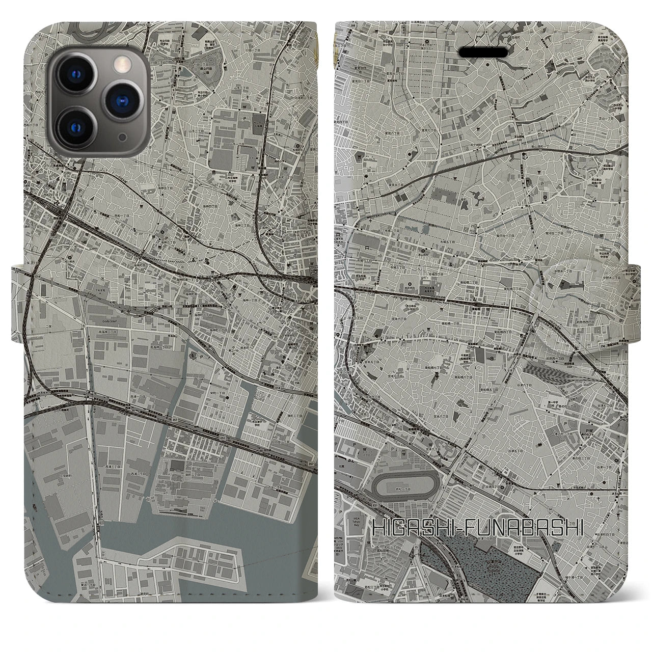 【東船橋】地図柄iPhoneケース（手帳両面タイプ・モノトーン）iPhone 11 Pro Max 用