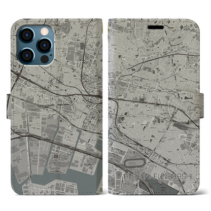 【東船橋（千葉県）】地図柄iPhoneケース（手帳タイプ）モノトーン・iPhone 12 / 12 Pro 用