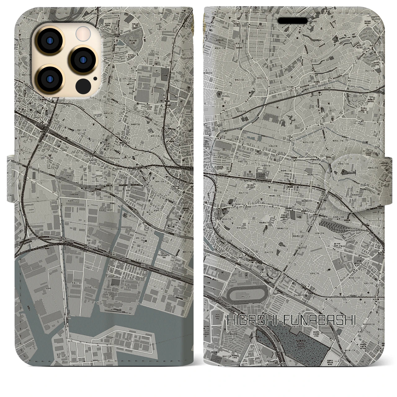 【東船橋】地図柄iPhoneケース（手帳両面タイプ・モノトーン）iPhone 12 Pro Max 用