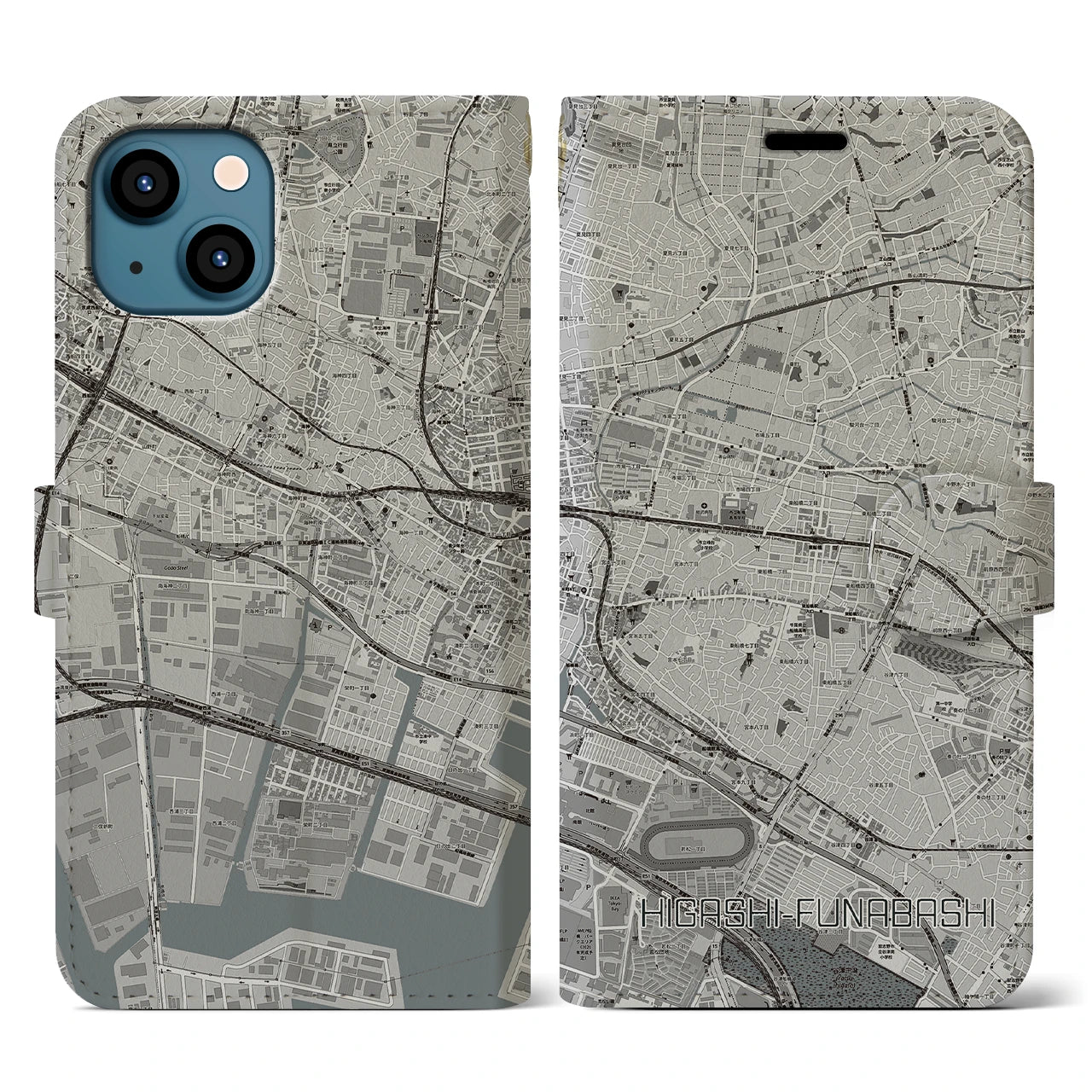 【東船橋】地図柄iPhoneケース（手帳両面タイプ・モノトーン）iPhone 13 用