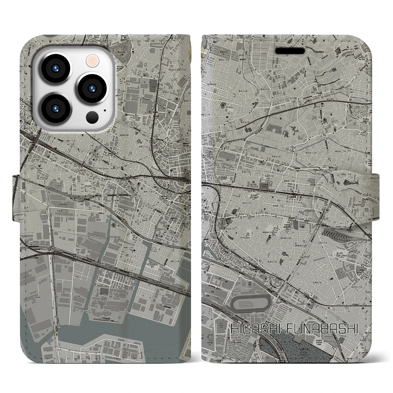 【東船橋】地図柄iPhoneケース（手帳両面タイプ・モノトーン）iPhone 13 Pro 用