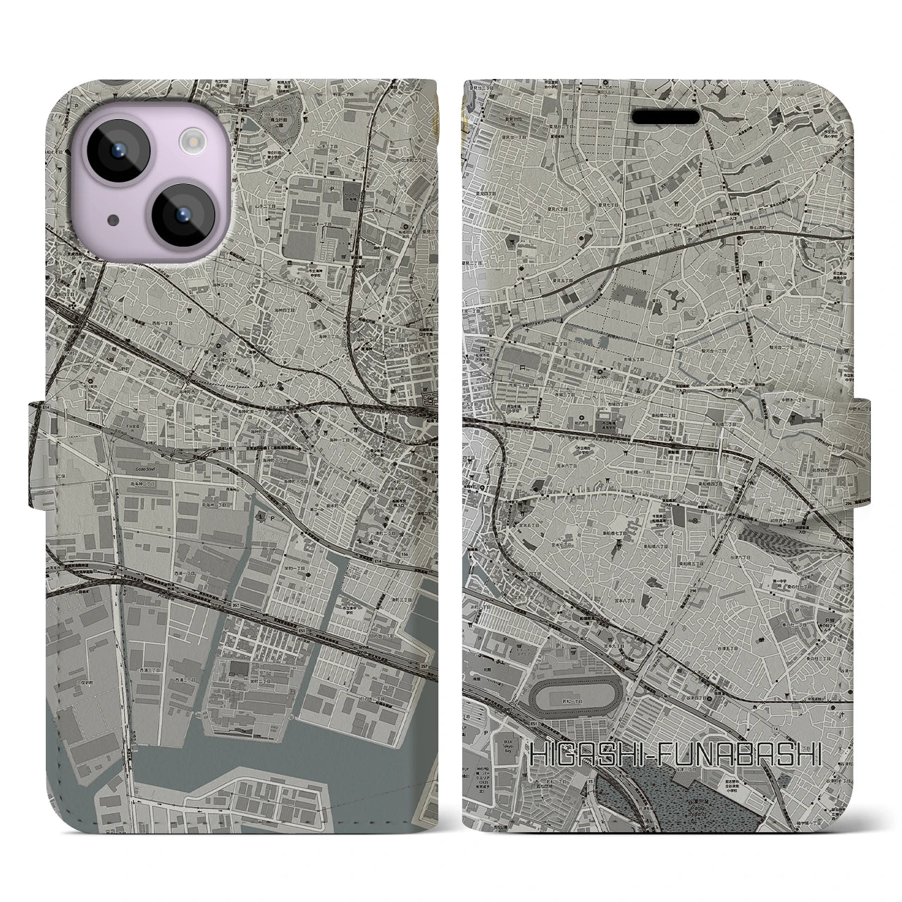 【東船橋】地図柄iPhoneケース（手帳両面タイプ・モノトーン）iPhone 14 用