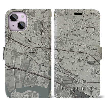 【東船橋（千葉県）】地図柄iPhoneケース（手帳タイプ）モノトーン・iPhone 14 用