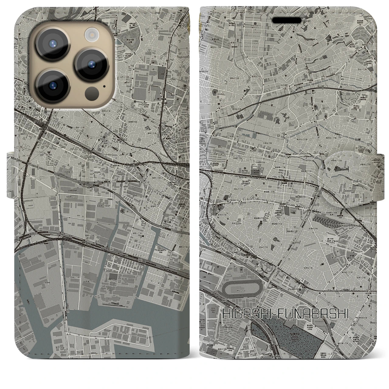 【東船橋】地図柄iPhoneケース（手帳両面タイプ・モノトーン）iPhone 14 Pro Max 用