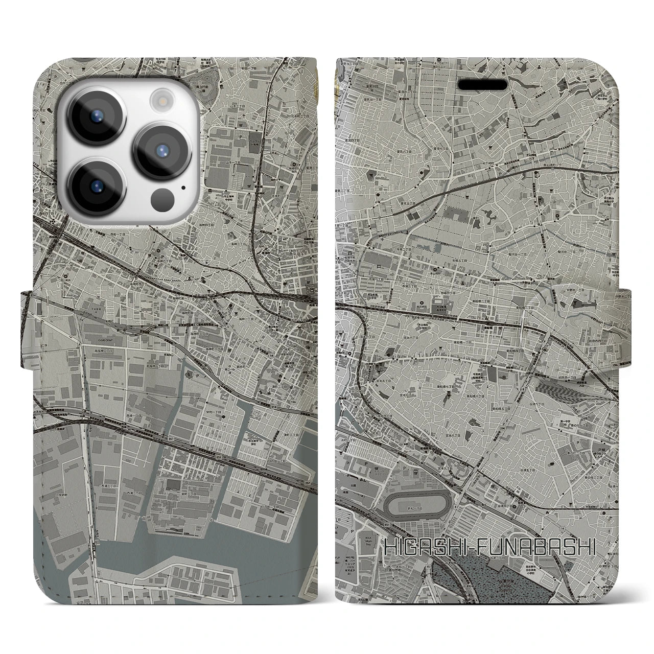 【東船橋】地図柄iPhoneケース（手帳両面タイプ・モノトーン）iPhone 14 Pro 用