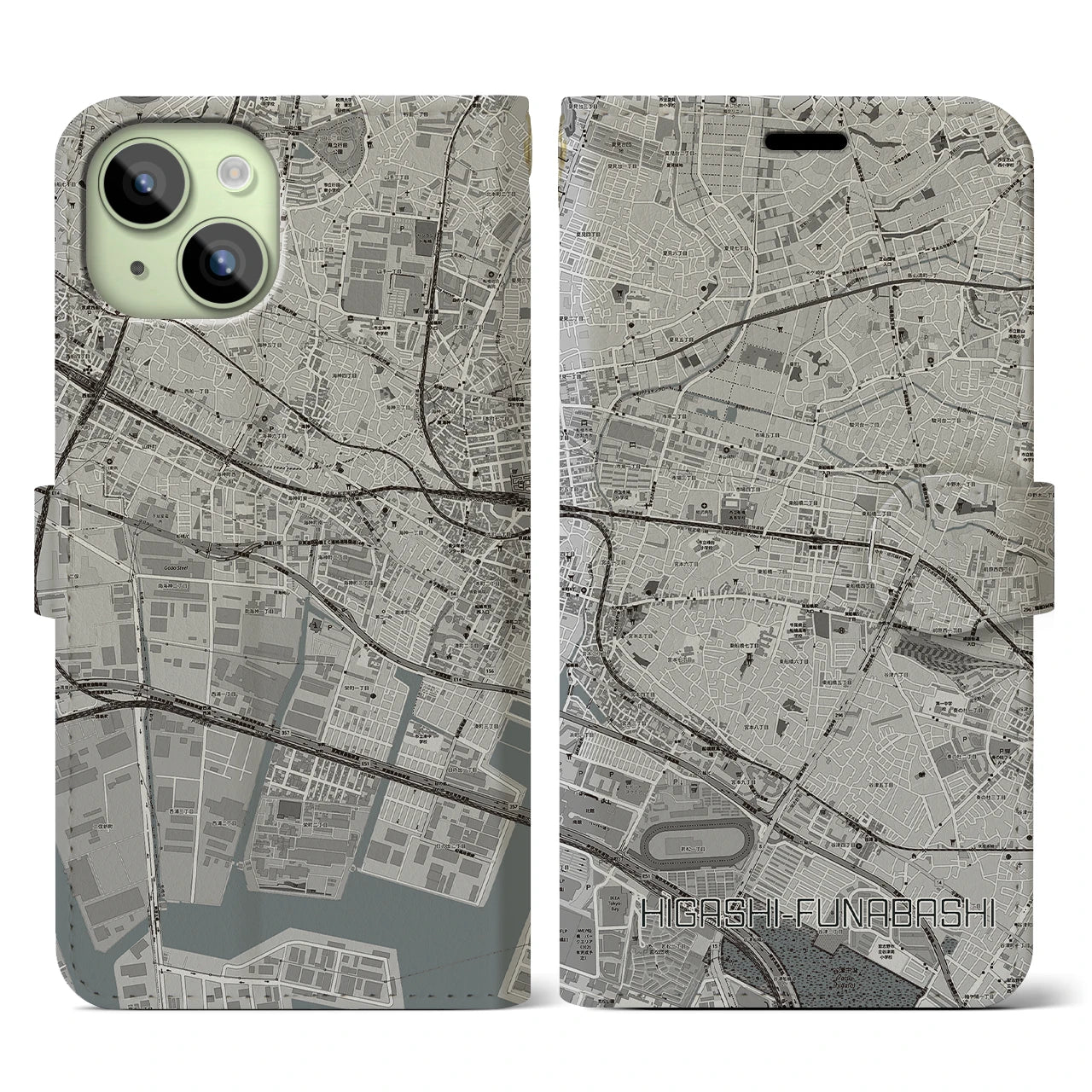 【東船橋】地図柄iPhoneケース（手帳両面タイプ・モノトーン）iPhone 15 用