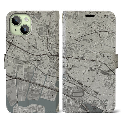 【東船橋（千葉県）】地図柄iPhoneケース（手帳タイプ）モノトーン・iPhone 15 用