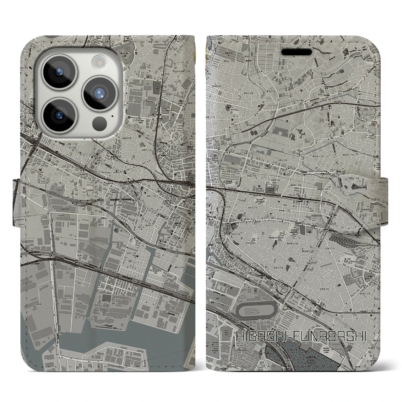 【東船橋】地図柄iPhoneケース（手帳両面タイプ・モノトーン）iPhone 15 Pro 用
