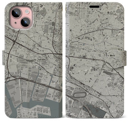 【東船橋（千葉県）】地図柄iPhoneケース（手帳タイプ）モノトーン・iPhone 15 Plus 用