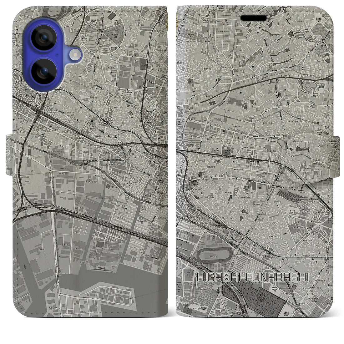 【東船橋(千葉県)】地図柄iPhoneケース(手帳タイプ)モノトーン・iPhone 16 Pro Max 用