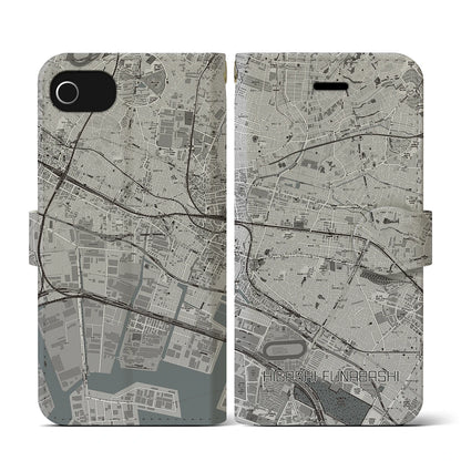 【東船橋（千葉県）】地図柄iPhoneケース（手帳タイプ）モノトーン・iPhone SE（第3 / 第2世代） / 8 / 7 / 6s / 6 用