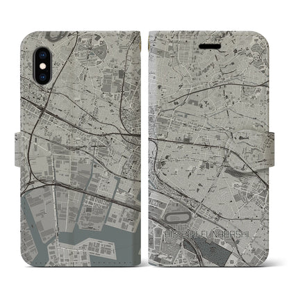 【東船橋（千葉県）】地図柄iPhoneケース（手帳タイプ）モノトーン・iPhone XS / X 用