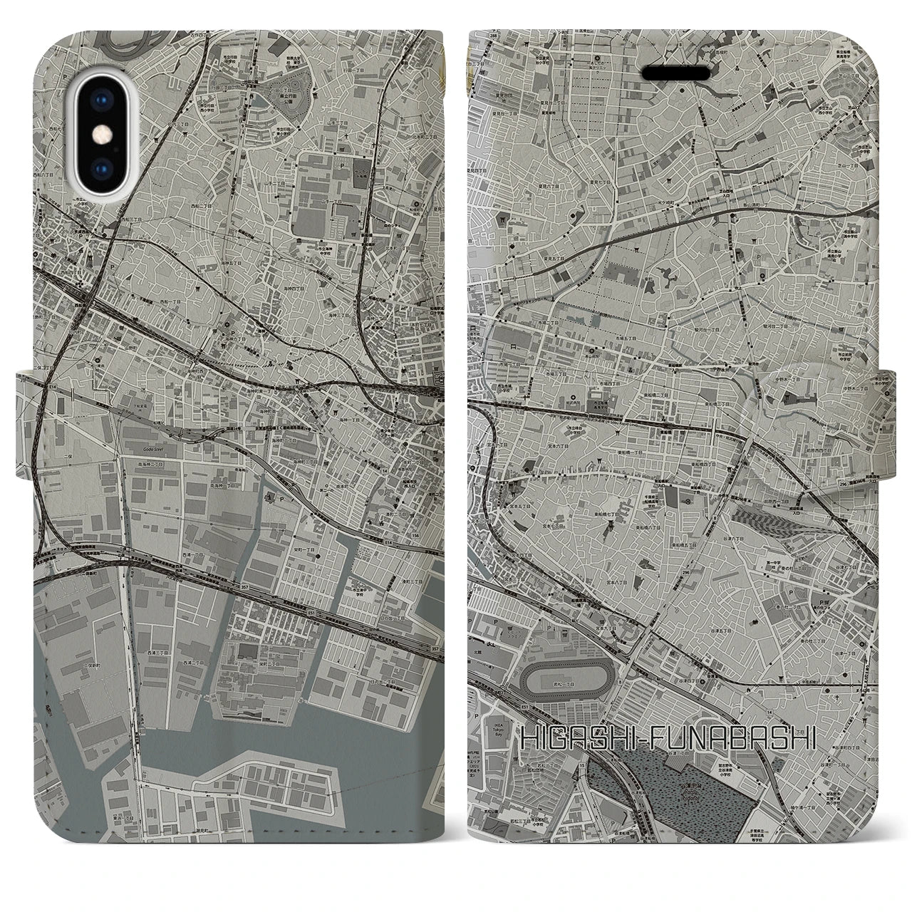 【東船橋】地図柄iPhoneケース（手帳両面タイプ・モノトーン）iPhone XS Max 用