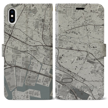 【東船橋（千葉県）】地図柄iPhoneケース（手帳タイプ）モノトーン・iPhone XS Max 用