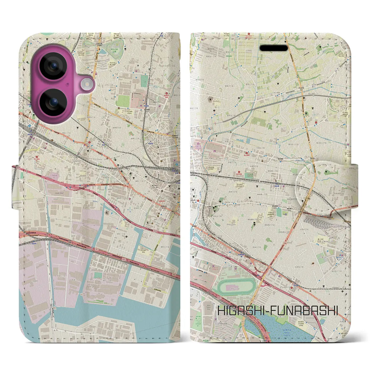 【東船橋（千葉県）】地図柄iPhoneケース（手帳タイプ）ナチュラル・iPhone 16 Pro 用