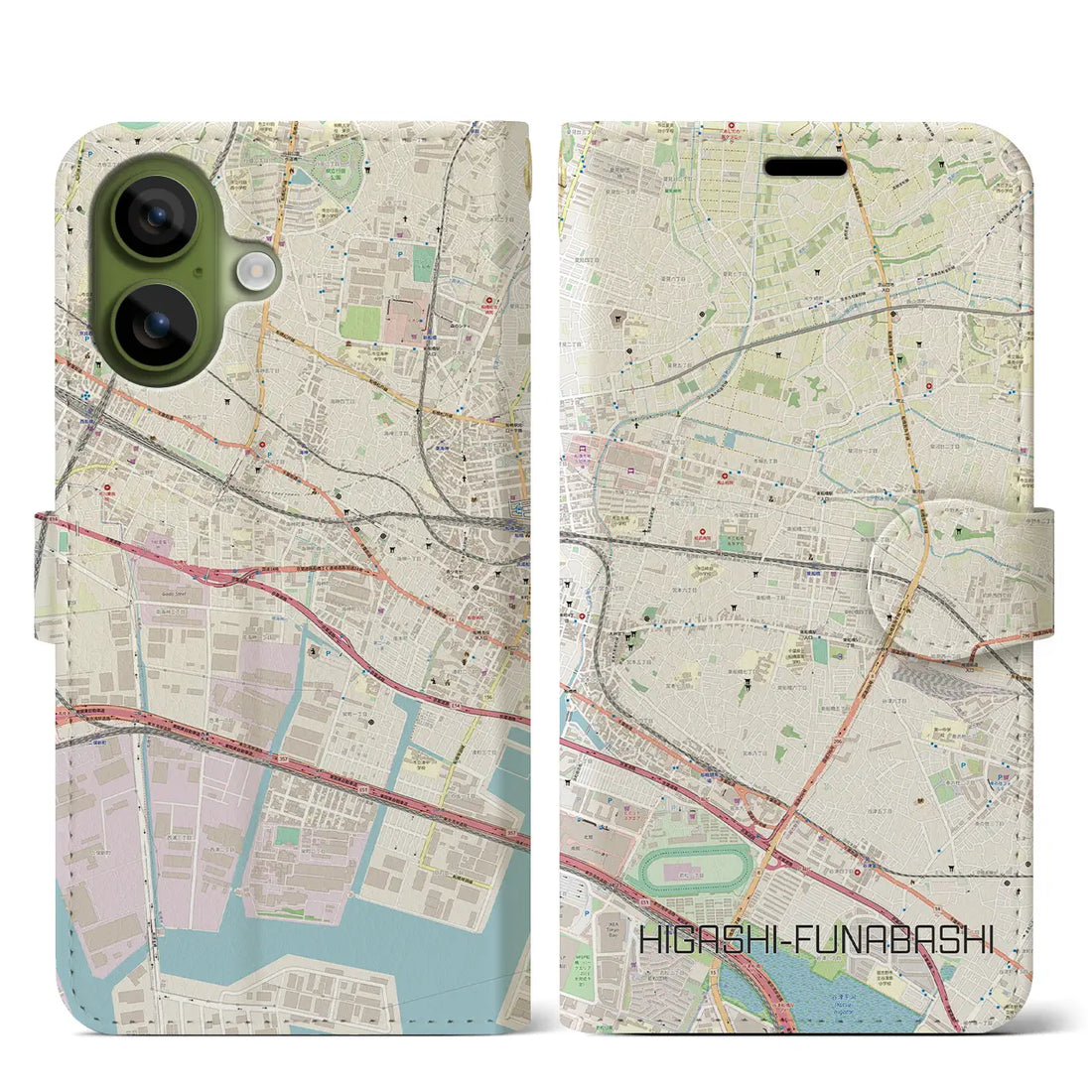 【東船橋（千葉県）】地図柄iPhoneケース（手帳タイプ）ナチュラル・iPhone 17 Pro Max 用