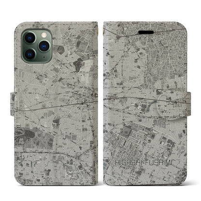 【東伏見（東京都）】地図柄iPhoneケース（手帳タイプ）モノトーン・iPhone 11 Pro 用