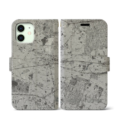 【東伏見（東京都）】地図柄iPhoneケース（手帳タイプ）モノトーン・iPhone 12 mini 用