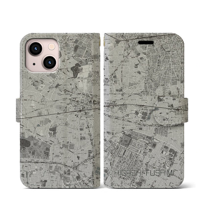 【東伏見（東京都）】地図柄iPhoneケース（手帳タイプ）モノトーン・iPhone 13 mini 用