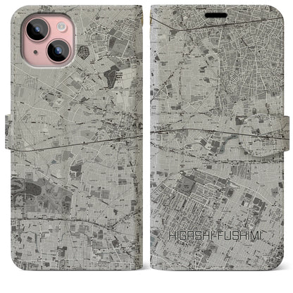 【東伏見（東京都）】地図柄iPhoneケース（手帳タイプ）モノトーン・iPhone 15 Plus 用