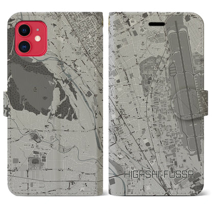 【東福生（東京都）】地図柄iPhoneケース（手帳タイプ）モノトーン・iPhone 11 用