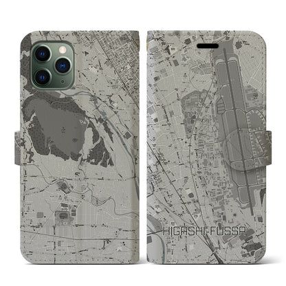【東福生（東京都）】地図柄iPhoneケース（手帳タイプ）モノトーン・iPhone 11 Pro 用
