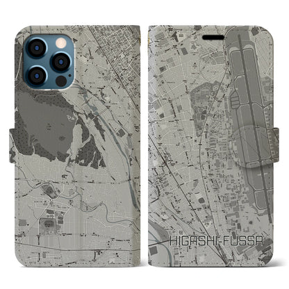 【東福生（東京都）】地図柄iPhoneケース（手帳タイプ）モノトーン・iPhone 12 / 12 Pro 用