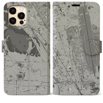 【東福生（東京都）】地図柄iPhoneケース（手帳タイプ）モノトーン・iPhone 12 Pro Max 用